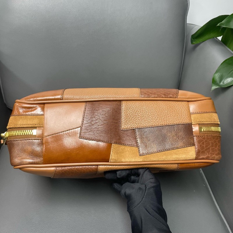 MiuMiu/繆繆 晶片款 乾邑色補丁皮革拼貼保齡球包 手提包-7