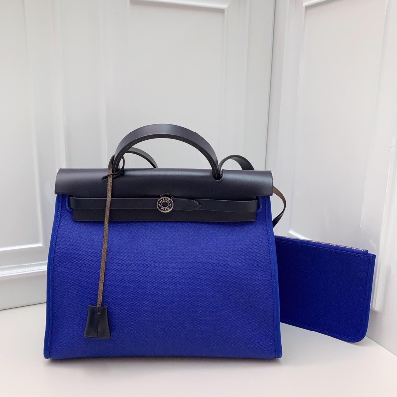 98新HERMES 藍色帆布拼皮銀扣herbag手提單肩斜挎包 D刻-0