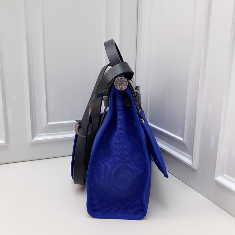 98新HERMES 藍色帆布拼皮銀扣herbag手提單肩斜挎包 D刻-3