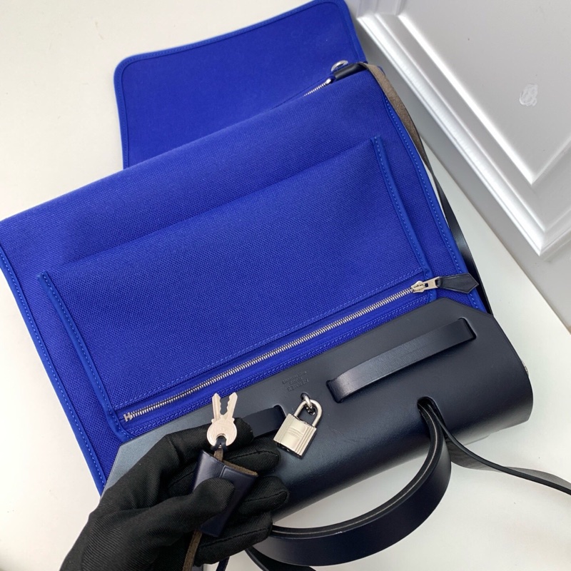 98新HERMES 藍色帆布拼皮銀扣herbag手提單肩斜挎包 D刻-4