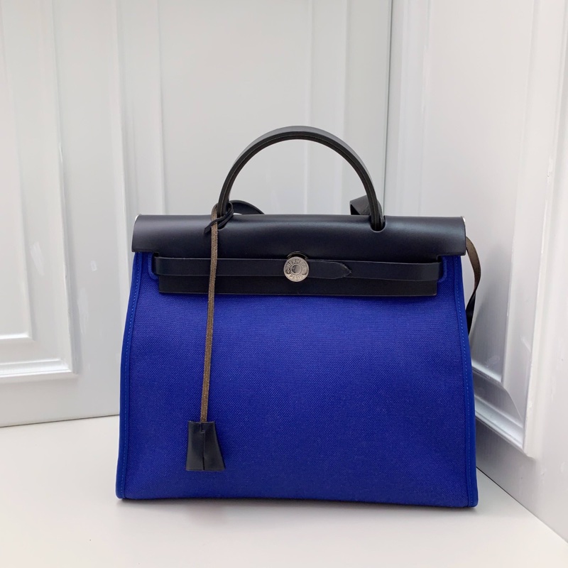 98新HERMES 藍色帆布拼皮銀扣herbag手提單肩斜挎包 D刻-5