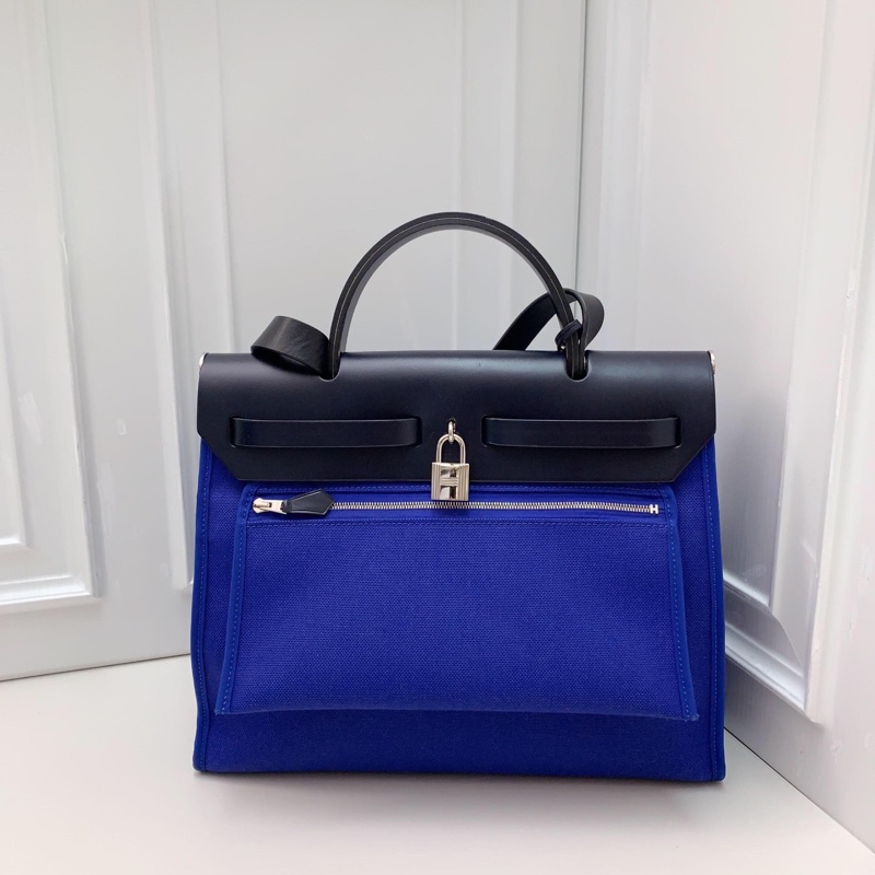 98新HERMES 藍色帆布拼皮銀扣herbag手提單肩斜挎包 D刻-6