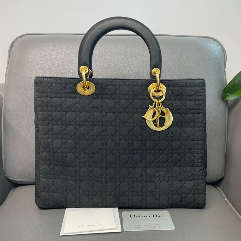 Dior/迪奧 vintage 中古款 布面菱格金扣 黑金布面戴妃包 手提款不帶肩帶-0