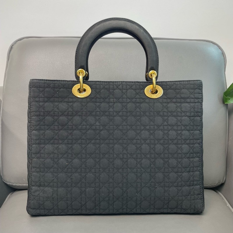 Dior/迪奧 vintage 中古款 布面菱格金扣 黑金布面戴妃包 手提款不帶肩帶-1