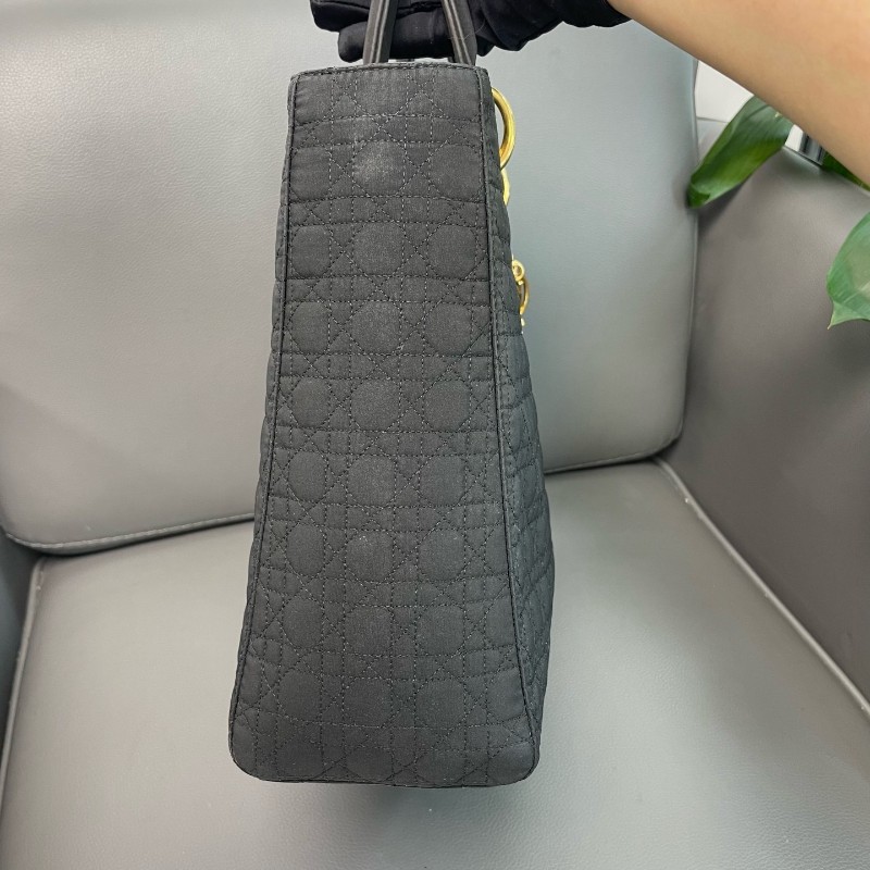 Dior/迪奧 vintage 中古款 布面菱格金扣 黑金布面戴妃包 手提款不帶肩帶-3