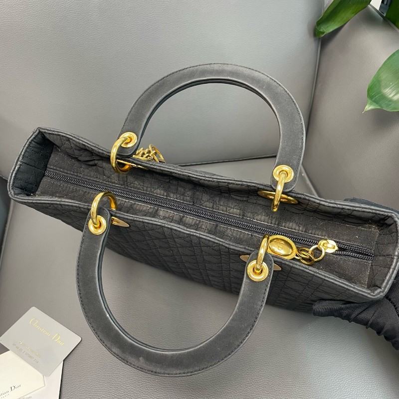 Dior/迪奧 vintage 中古款 布面菱格金扣 黑金布面戴妃包 手提款不帶肩帶-8