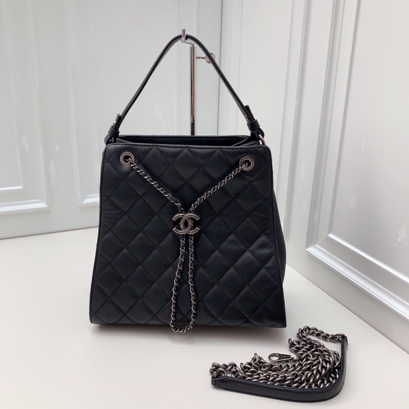 98新Chanel香奈兒22開黑色荔枝紋牛皮拼皮銀扣手提水桶包斜挎包 -0