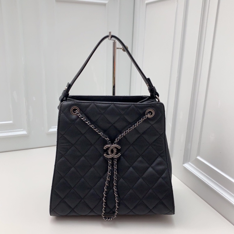 98新Chanel香奈兒22開黑色荔枝紋牛皮拼皮銀扣手提水桶包斜挎包 -1