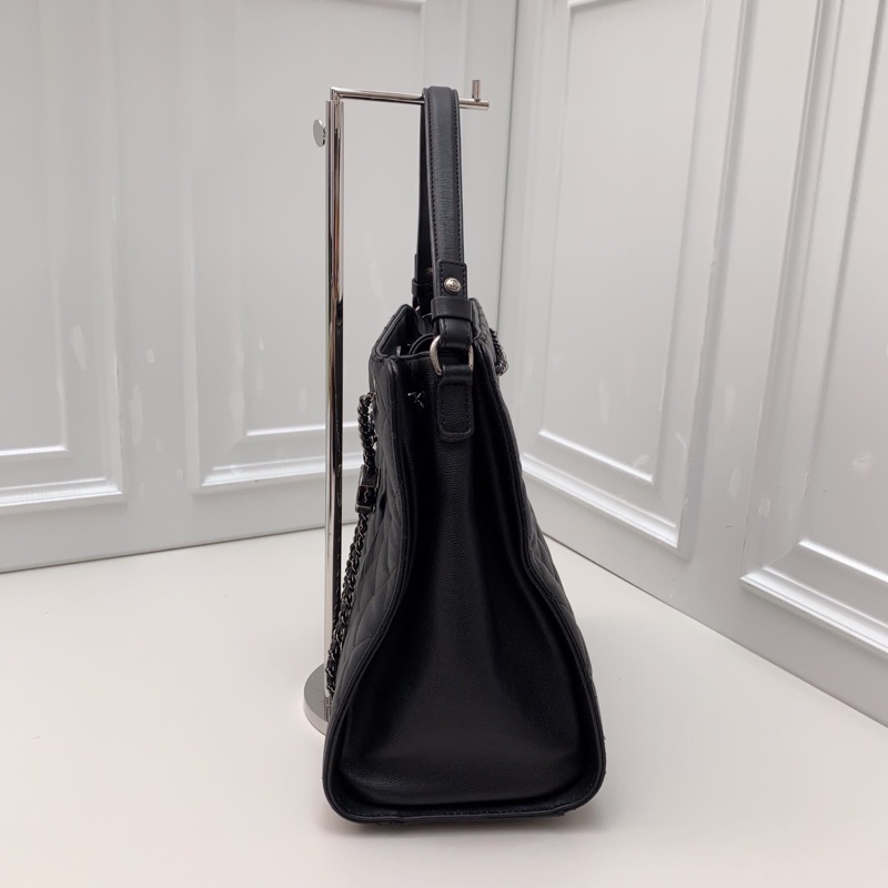 98新Chanel香奈兒22開黑色荔枝紋牛皮拼皮銀扣手提水桶包斜挎包 -3