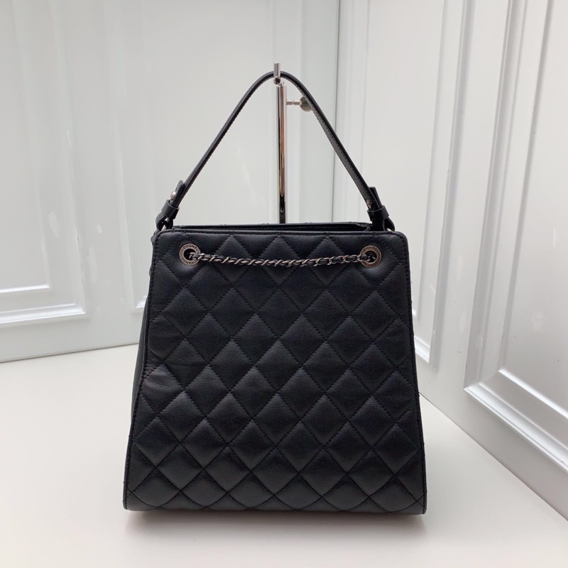 98新Chanel香奈兒22開黑色荔枝紋牛皮拼皮銀扣手提水桶包斜挎包 -6