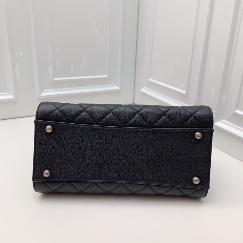 98新Chanel香奈兒22開黑色荔枝紋牛皮拼皮銀扣手提水桶包斜挎包 -7