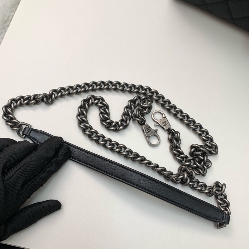 98新Chanel香奈兒22開黑色荔枝紋牛皮拼皮銀扣手提水桶包斜挎包 -10