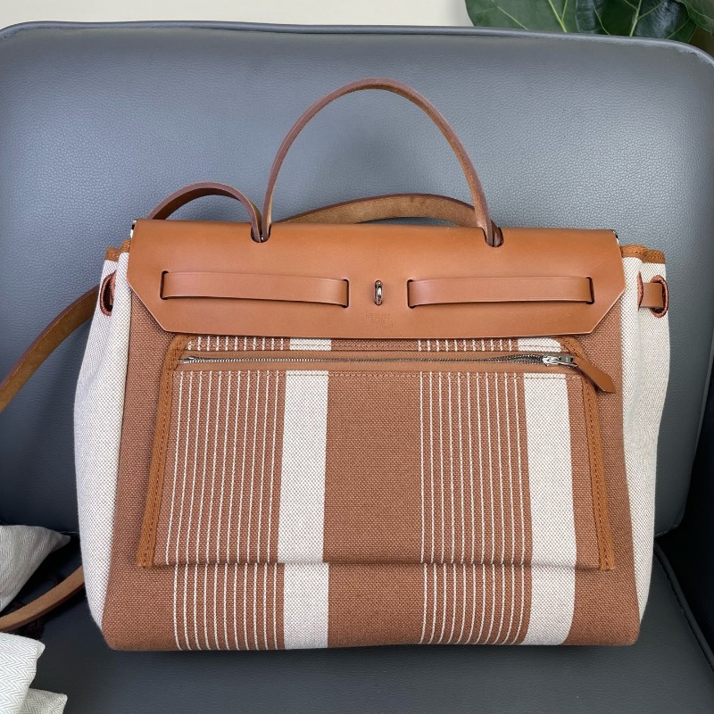 Hermes/愛馬仕 Herbag31限量款 金棕色帆布拼皮 H字母條紋設計 銀扣Y刻-1
