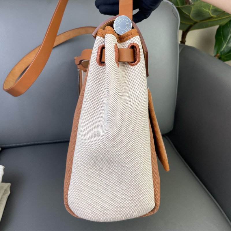 Hermes/愛馬仕 Herbag31限量款 金棕色帆布拼皮 H字母條紋設計 銀扣Y刻-2