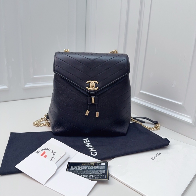 99新Chanel黑金V紋牛皮復古雙肩包 明星款!鐳射26開-0