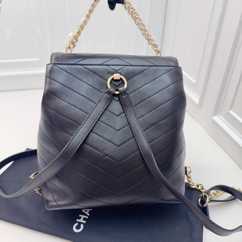 99新Chanel黑金V紋牛皮復古雙肩包 明星款!鐳射26開-2