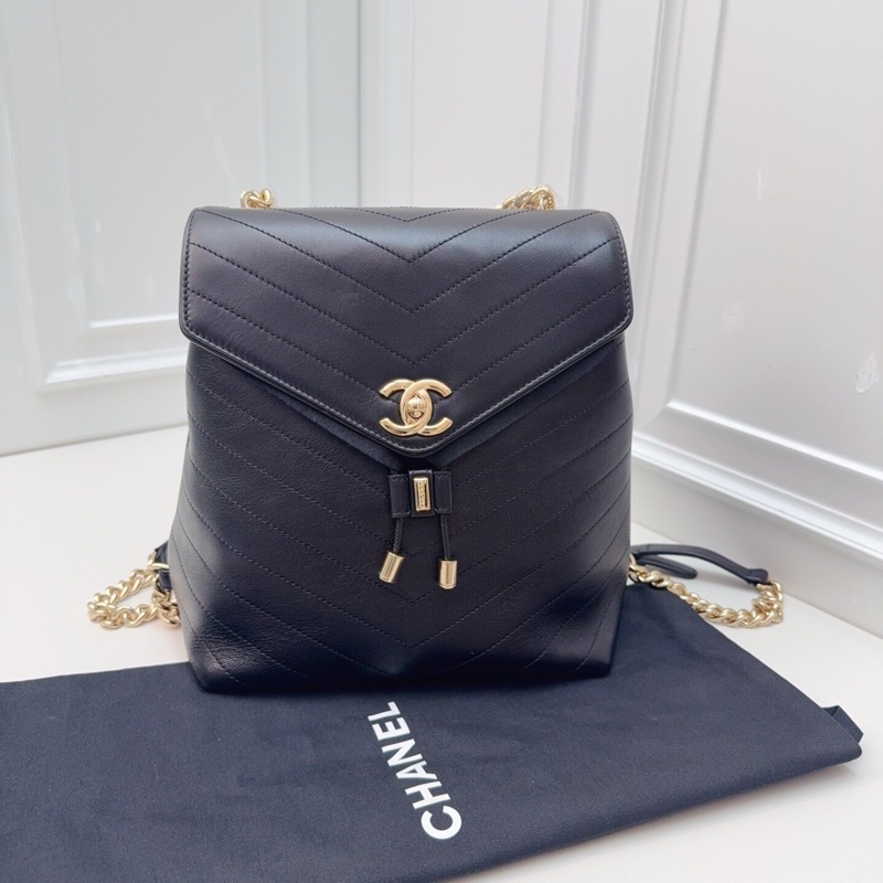 99新Chanel黑金V紋牛皮復古雙肩包 明星款!鐳射26開-5