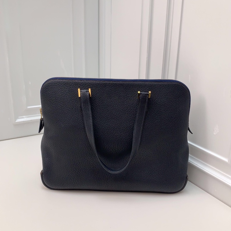 98新Hermes愛馬仕 中古保齡球公文包藏藍色框E刻 金扣手提腕挎都好看-0