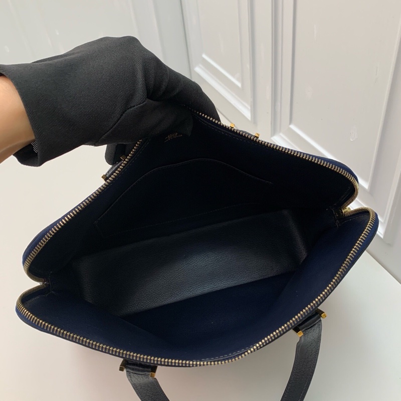 98新Hermes愛馬仕 中古保齡球公文包藏藍色框E刻 金扣手提腕挎都好看-4