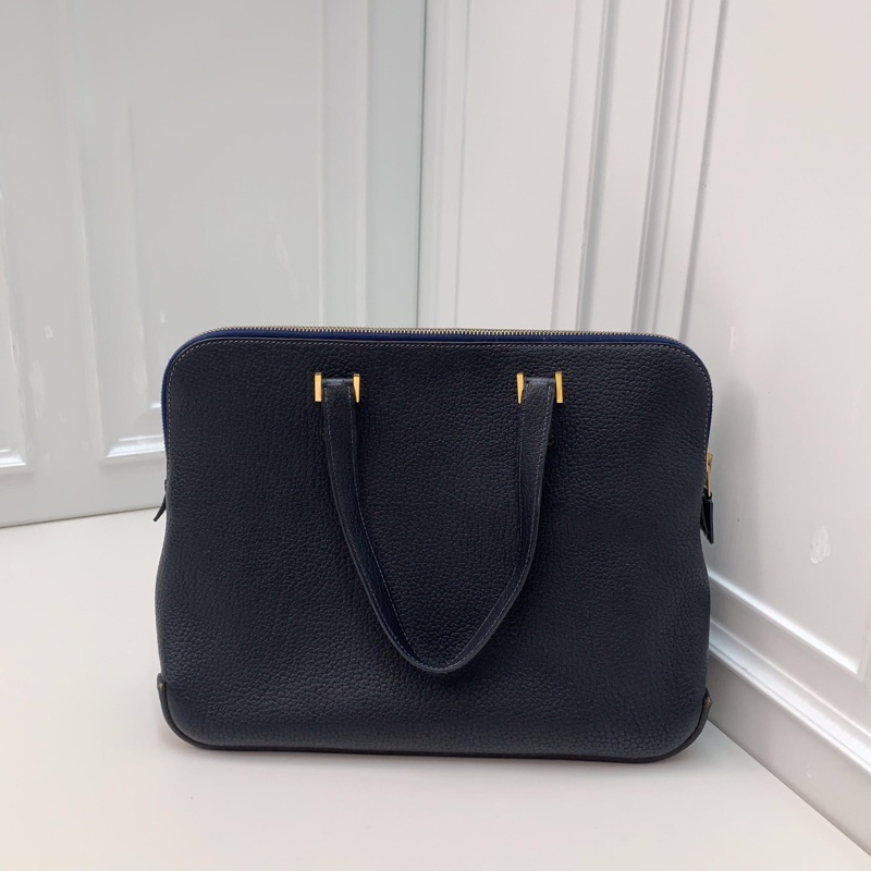 98新Hermes愛馬仕 中古保齡球公文包藏藍色框E刻 金扣手提腕挎都好看-6