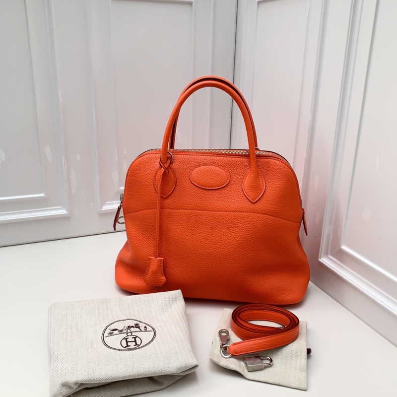 98新Hermes 愛馬仕 橘色銀扣T刻 保齡球手提斜挎包-0