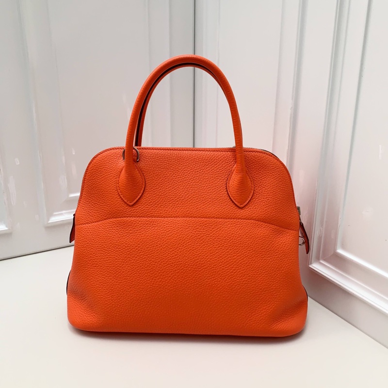 98新Hermes 愛馬仕 橘色銀扣T刻 保齡球手提斜挎包-2