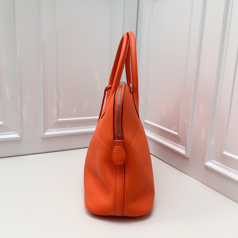 98新Hermes 愛馬仕 橘色銀扣T刻 保齡球手提斜挎包-3