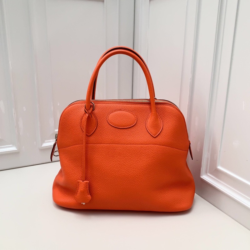 98新Hermes 愛馬仕 橘色銀扣T刻 保齡球手提斜挎包-5