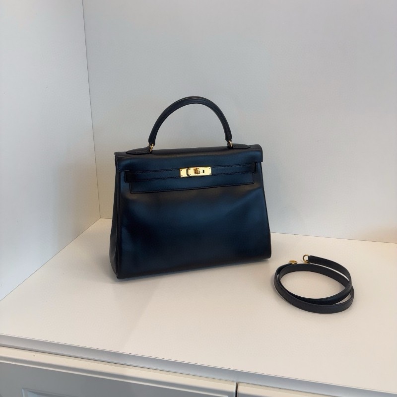 Hermes Vintage Kelly32 黑金box 原裝肩帶 圈Z刻 手提包 肩背包-0