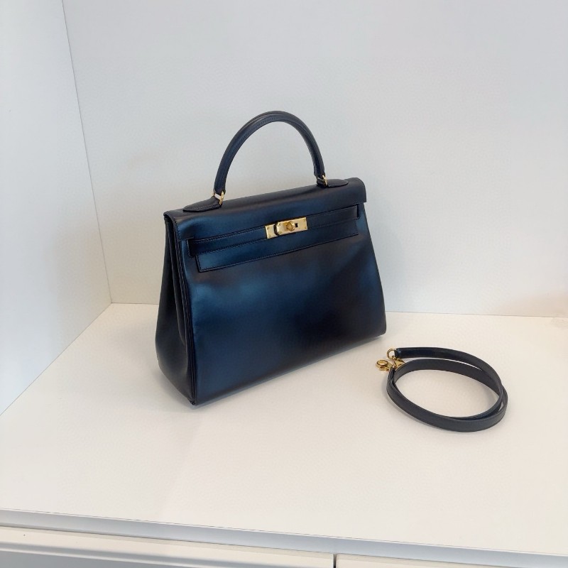 Hermes Vintage Kelly32 黑金box 原裝肩帶 圈Z刻 手提包 肩背包-1
