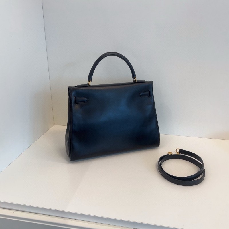 Hermes Vintage Kelly32 黑金box 原裝肩帶 圈Z刻 手提包 肩背包-2