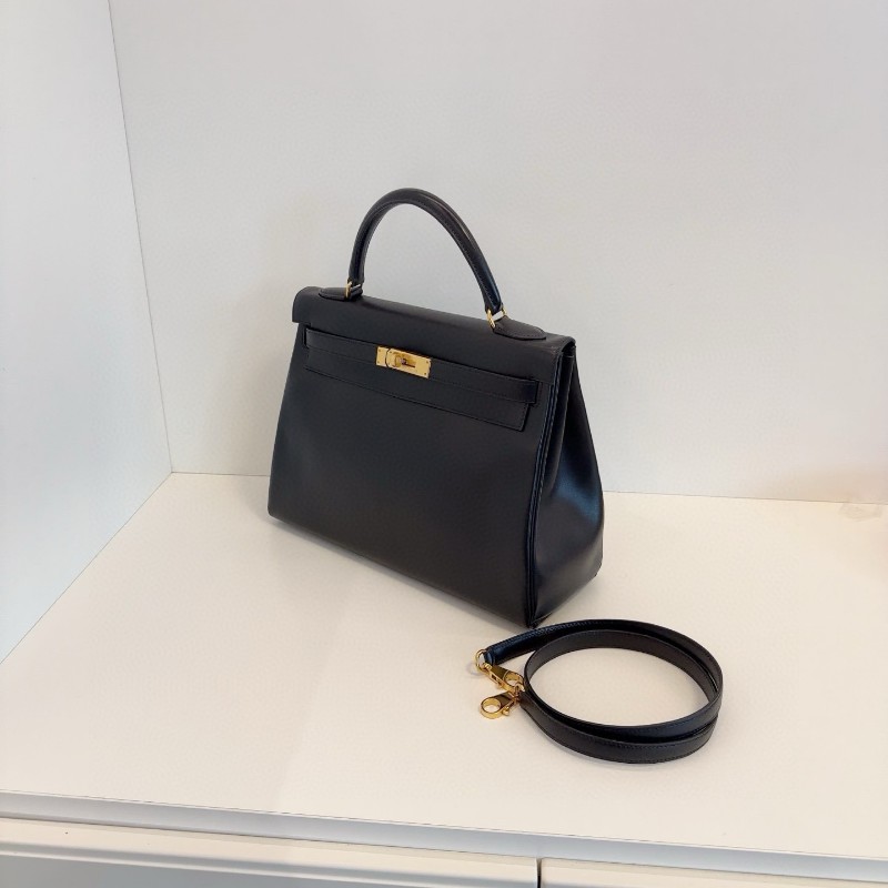 Hermes Vintage Kelly32 黑金box 原裝肩帶 圈Z刻 手提包 肩背包-3