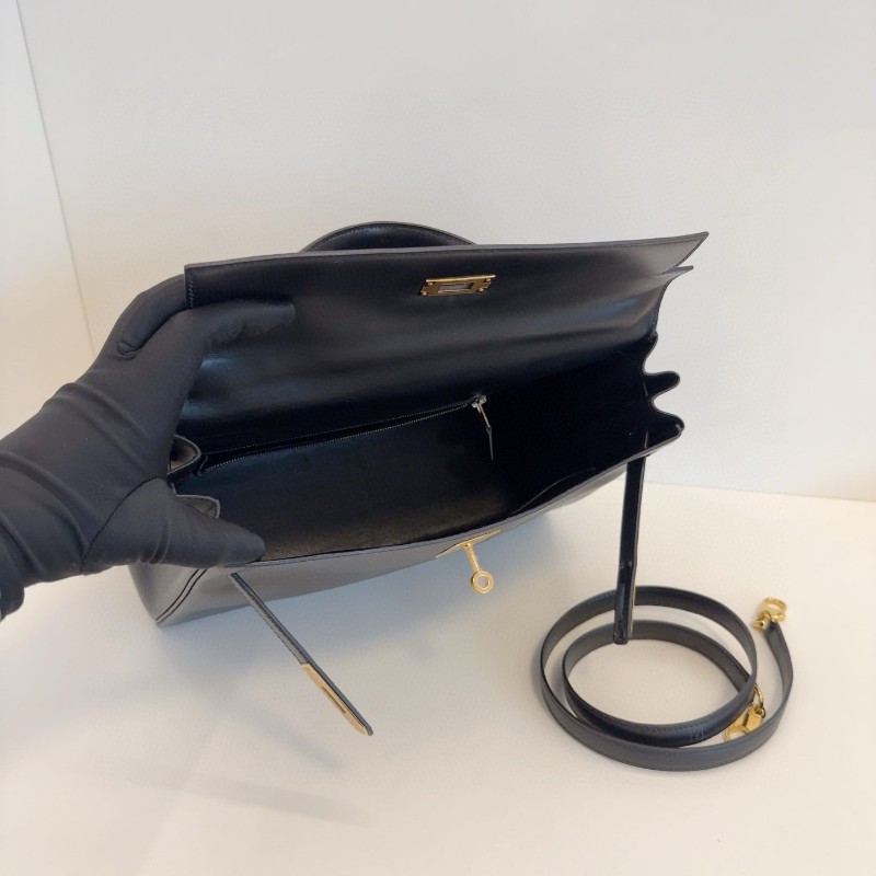 Hermes Vintage Kelly32 黑金box 原裝肩帶 圈Z刻 手提包 肩背包-6
