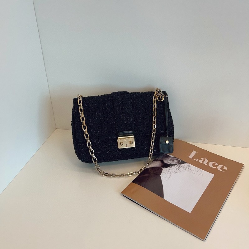 Dior迪奧 黑金addict金線毛呢翻蓋鏈條郵差包 肩背包-0