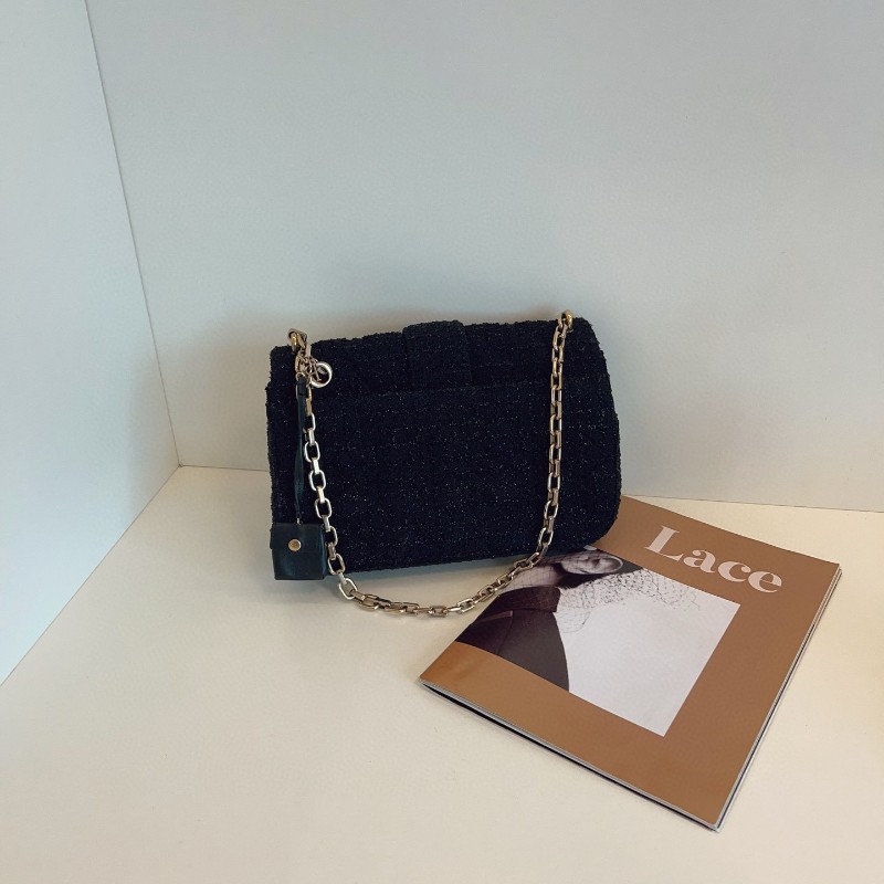 Dior迪奧 黑金addict金線毛呢翻蓋鏈條郵差包 肩背包-1