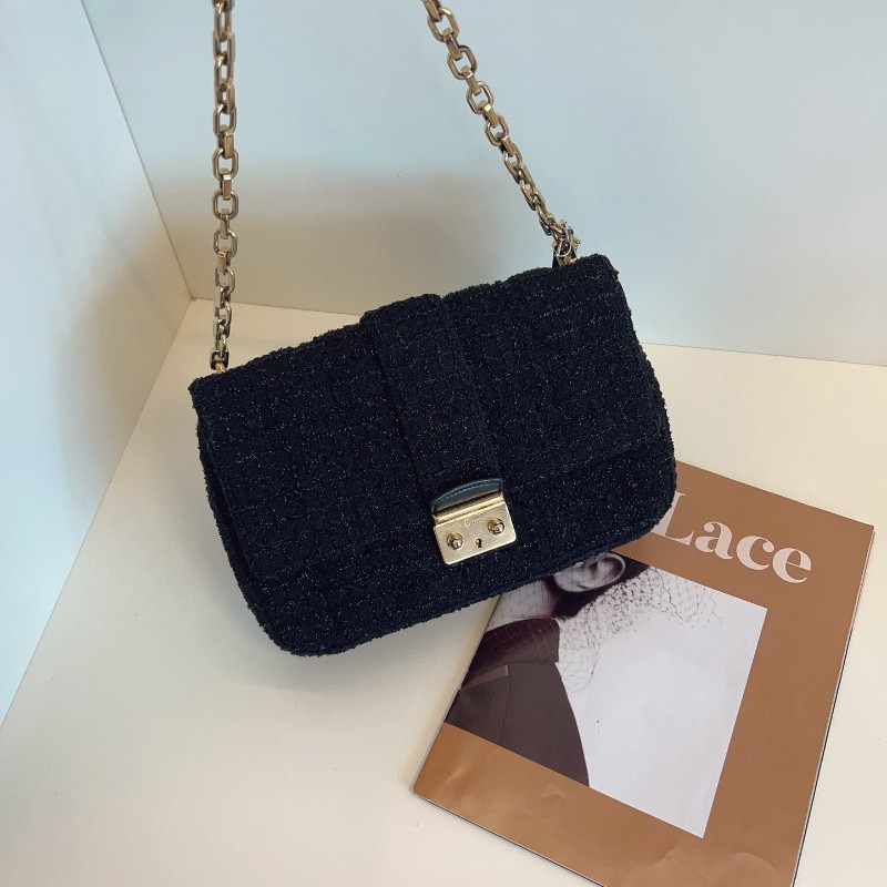 Dior迪奧 黑金addict金線毛呢翻蓋鏈條郵差包 肩背包-3