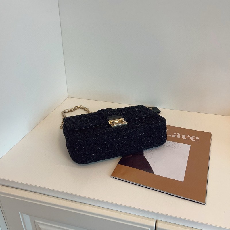 Dior迪奧 黑金addict金線毛呢翻蓋鏈條郵差包 肩背包-4