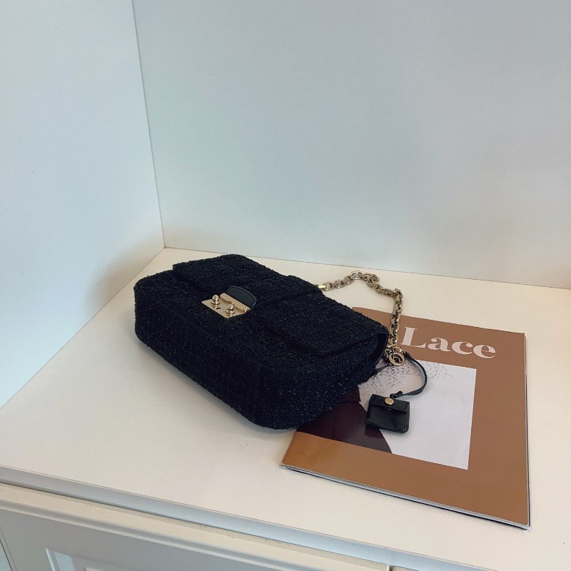 Dior迪奧 黑金addict金線毛呢翻蓋鏈條郵差包 肩背包-6