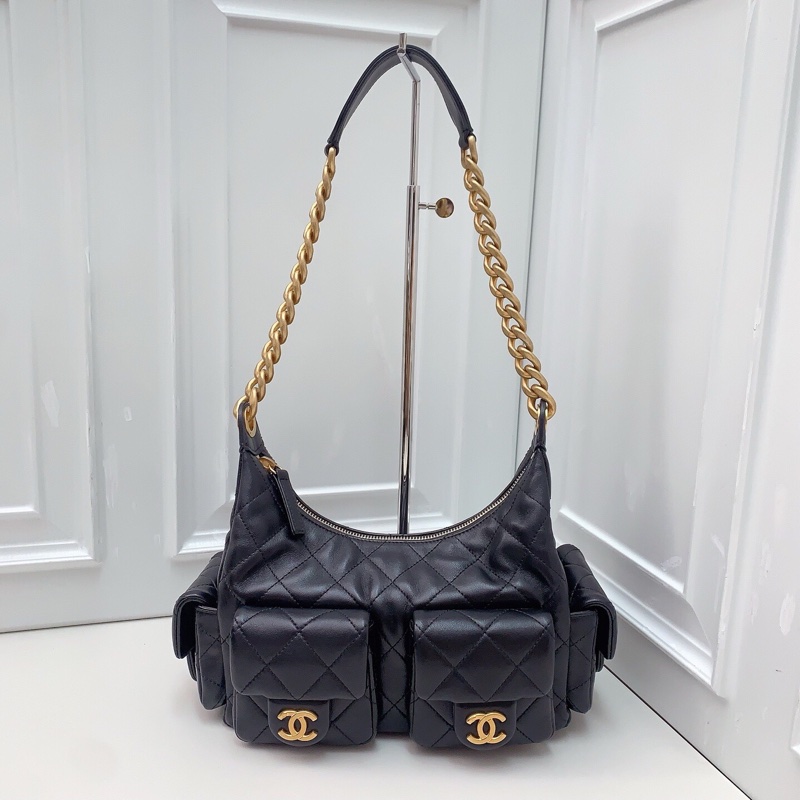 99新 CHANEL香奈兒25C嬉皮hobo 芯片黑金羊皮很顯高級 -5