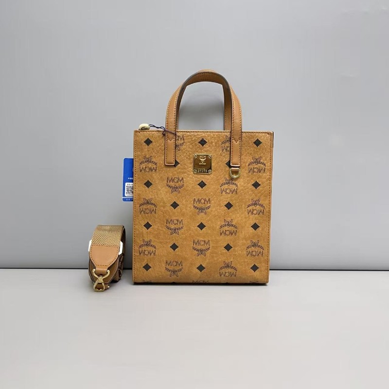 MCM 全皮印花小號tote 焦糖色 琴譜包 肩背包 斜背包-0