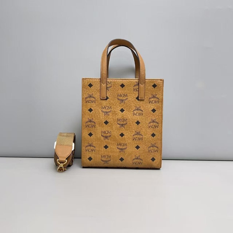 MCM 全皮印花小號tote 焦糖色 琴譜包 肩背包 斜背包-1