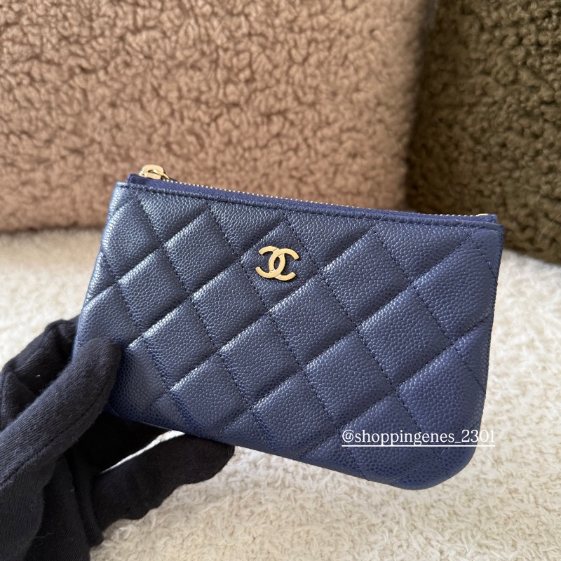 香奈兒 Chanel 全新品 一字拉鏈包 深藍色 金釦 荔枝牛皮-5