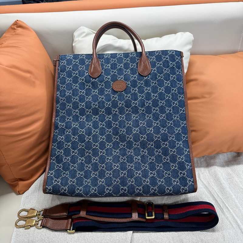 Gucci/古馳 牛仔老花琴譜托特包 中號 牛奶丹寧 手提包 肩背包附紅藍織布寬肩帶 尺寸:38×36cm-0