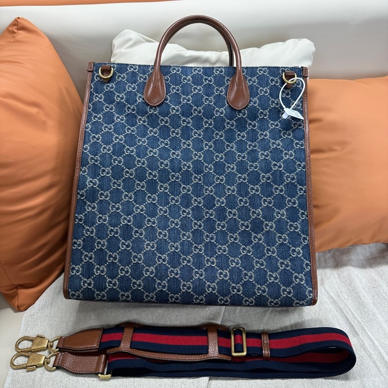Gucci/古馳 牛仔老花琴譜托特包 中號 牛奶丹寧 手提包 肩背包附紅藍織布寬肩帶 尺寸:38×36cm-1