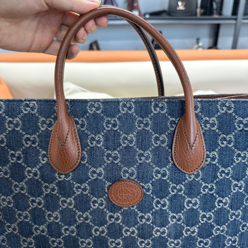 Gucci/古馳 牛仔老花琴譜托特包 中號 牛奶丹寧 手提包 肩背包附紅藍織布寬肩帶 尺寸:38×36cm-2