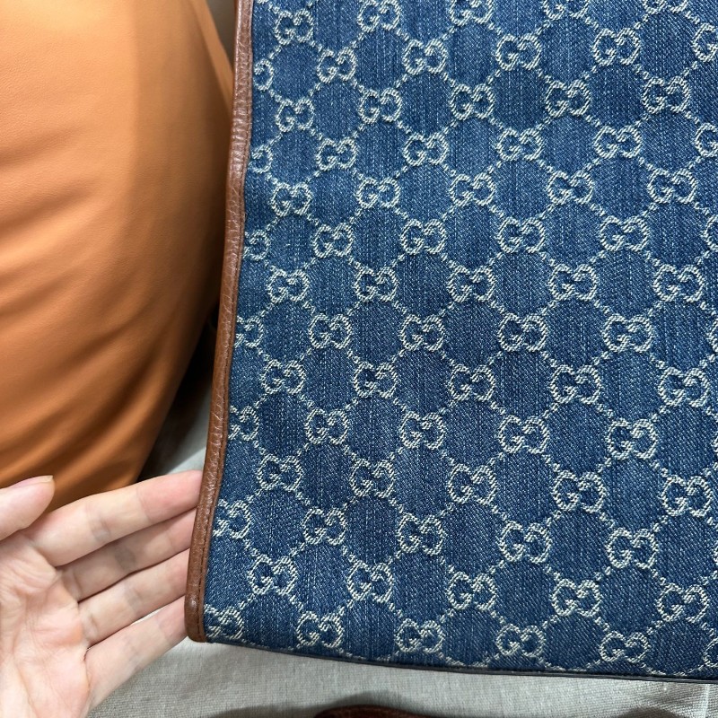 Gucci/古馳 牛仔老花琴譜托特包 中號 牛奶丹寧 手提包 肩背包附紅藍織布寬肩帶 尺寸:38×36cm-3