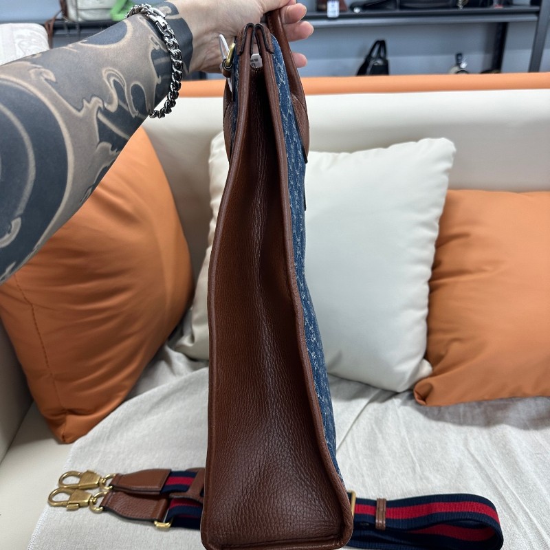 Gucci/古馳 牛仔老花琴譜托特包 中號 牛奶丹寧 手提包 肩背包附紅藍織布寬肩帶 尺寸:38×36cm-5