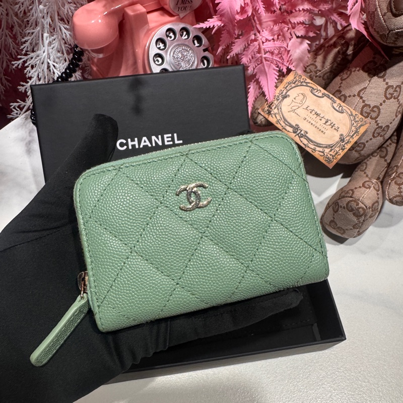 Chanel 荔枝湖水綠三層卡包/零錢包/王吉娜古董精品-1