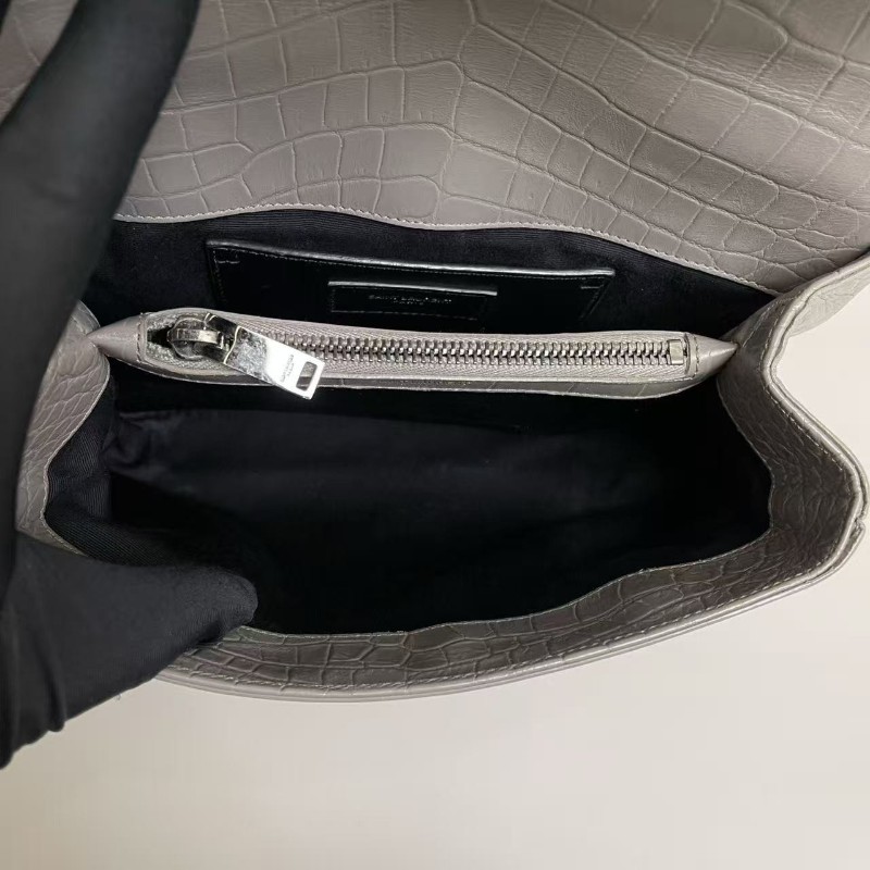 YSL聖羅蘭College小號灰色全皮鱷壓紋郵差包 肩背包 斜背包-8