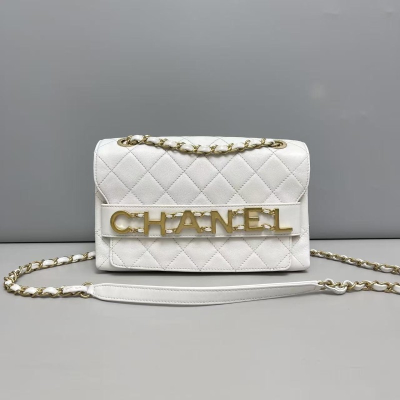 Chanel香奈兒 白色全皮菱格金屬字母翻蓋鏈條包 肩背包 斜背包 29開-0